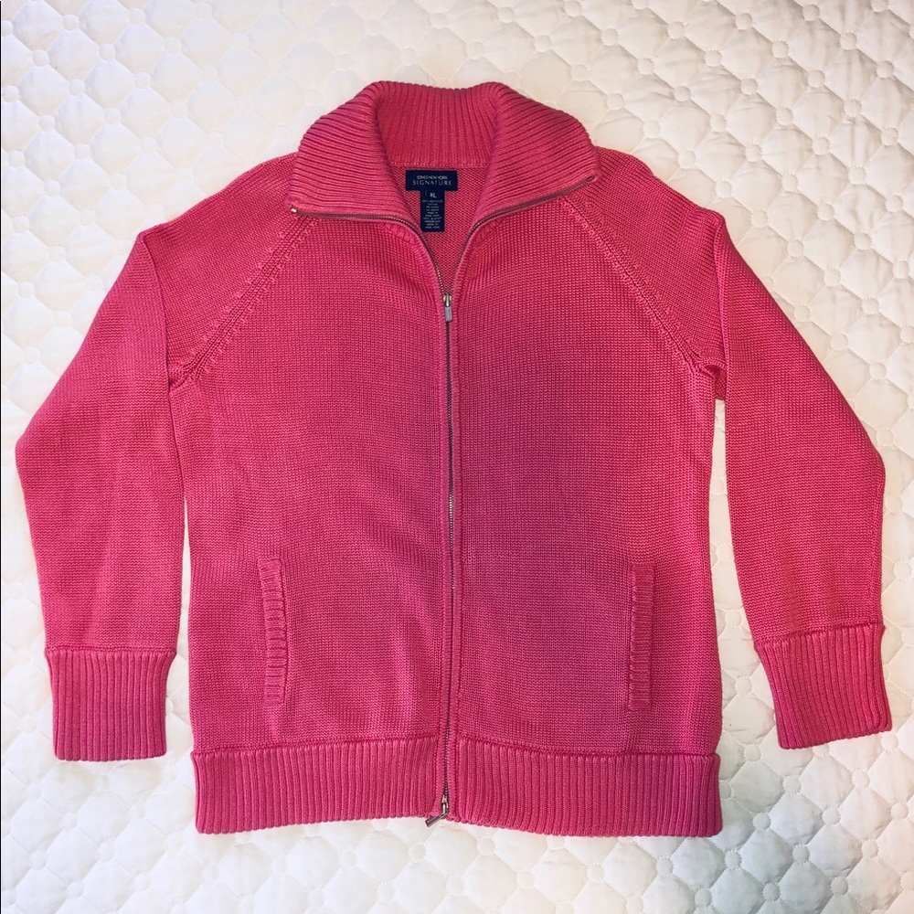 Jones NY 100% Cotton Zip Front Pink Sweater